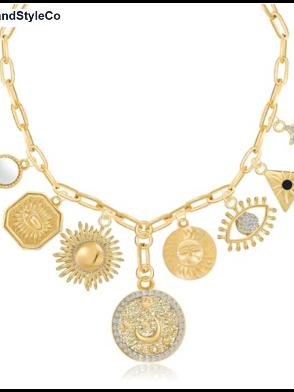 Evil Eye Hamsa Charm Pendant Necklace Gold Brass Paperclip Chain